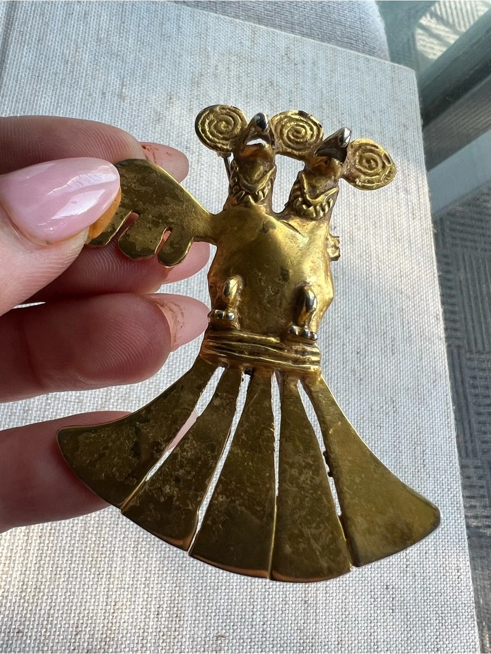 Brass Double-Headed Bird Pendant - Gold Tone